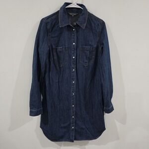 Womens Chambray Pearl Snap Mini Shirt Dress Size 10 Blue Cowgirl Roll Tab Sleeve